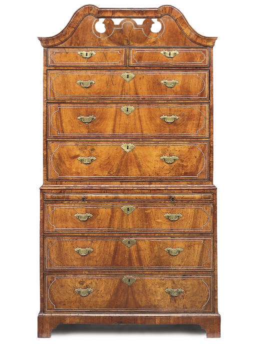A GEORGE I BRASS-INLAID WALNUT CHEST-ON-CHEST