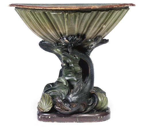 AN ITALIAN BLUE, RED AND GREEN-PAINTED BOWFRONT CONSOLE TABLE