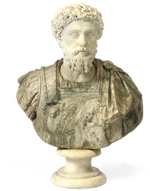 AN ITALIAN WHITE AND CIPOLLINO MARBLE BUST OF MARCUS AURELIUS