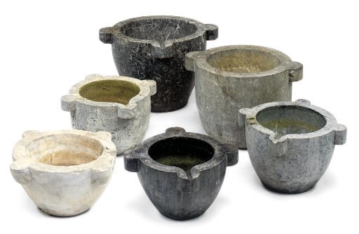 A COLLECTION OF SIX LARGE CONTINENTAL MARBLE MORTARS