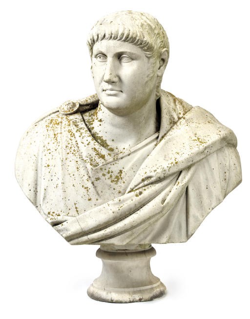 AN ITALIAN WHITE MARBLE BUST OF TITUS