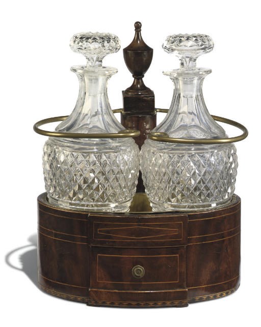 A GEORGE III MAHOGANY AND LINE INLAID TANTALUS
