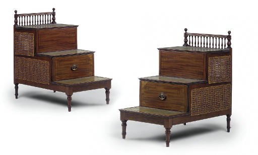 A PAIR OF MAHOGANY AND CANED BED STEPS