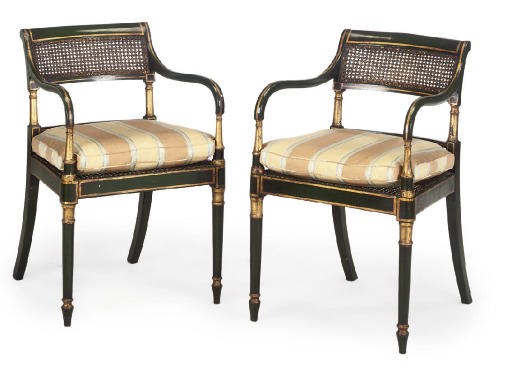 A PAIR OF REGENCY GREEN-PAINTED AND PARCEL GILT ARMCHAIRS