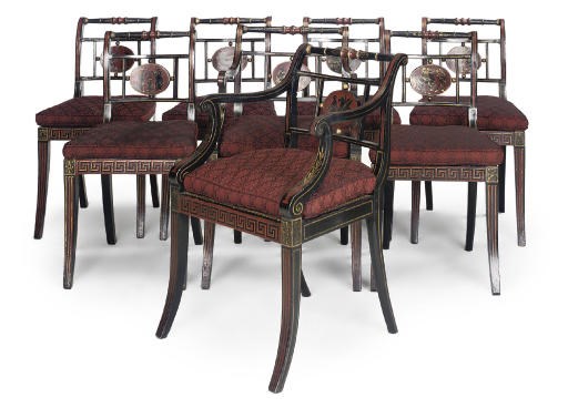 A SET OF EIGHT BLACK AND RED PAINTED AND PARCEL GILT DINING CHAIRS