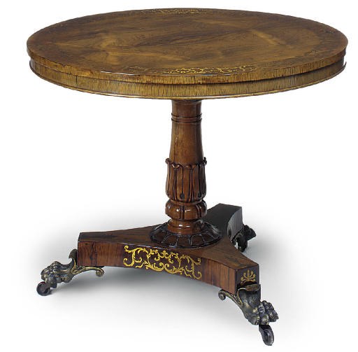 A LATE REGENCY BRASS INLAID ROSEWOOD CIRCULAR CENTRE TABLE