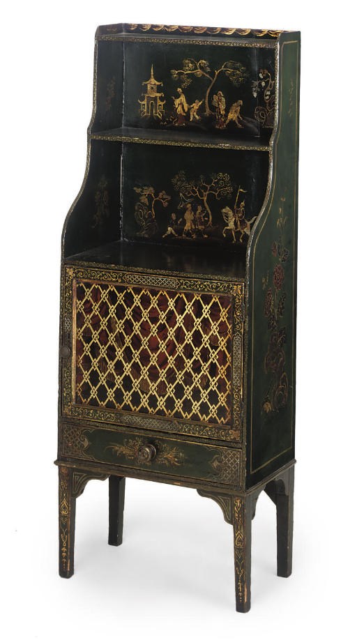 A GREEN AND GILT JAPANNED AND VERRE EGLOMISE SIDE CABINET