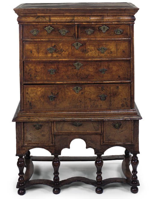 A WILLIAM AND MARY WALNUT AND OAK CHEST-ON-STAND