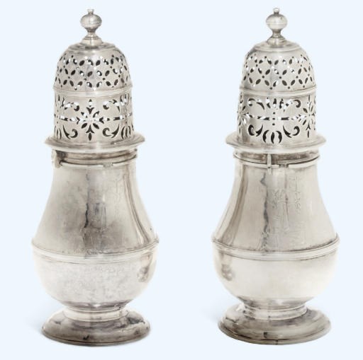 A PAIR OF QUEEN ANNE SILVER SUGAR CASTERS,