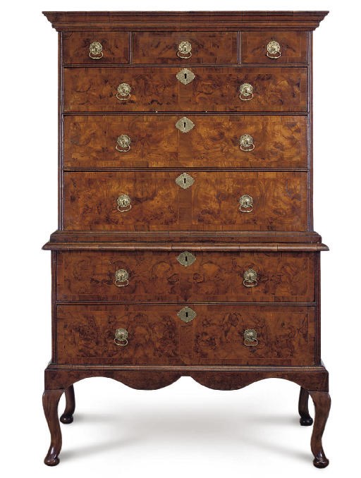 A GEORGE I BURR WALNUT AND WALNUT CHEST ON STAND