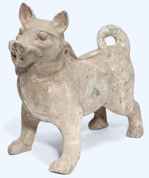 A large Sichuan painted pottery figure of a dog