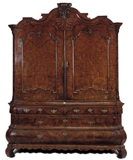 A DUTCH WALNUT AND BURR WALNUT VENEERED CLOTHES PRESS