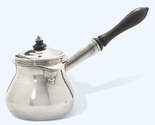 A LARGE GEORGE II SILVER BRANDY SAUCEPAN