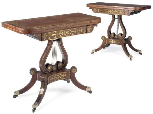 A PAIR OF REGENCY BRASS INLAID ROSEWOOD GAMES TABLES