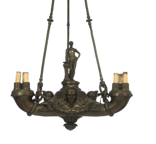 A CONTINENTAL BRONZE TRIFORM CHANDELIER