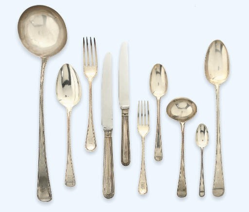 A LARGE COMPOSITE SILVER BEAD-EDGE TABLE SERVICE OF FLATWARE
