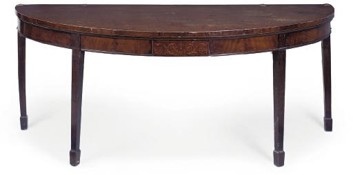 A GEORGE III MAHOGANY AND MARQUETRY SEMI-ELIPTICAL SERVING TABLE