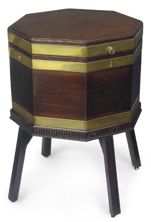 A GEORGE III MAHOGANY AND BRASS-BOUND OCTAGONAL WINE COOLER ON STAND