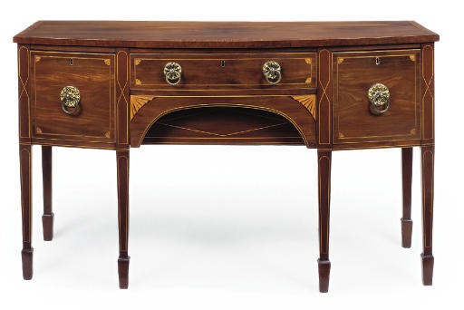 A GEORGE III MAHOGANY SATINWOOD CROSSBANDED AND MARQUETRY BOWFRONT SIDEBOARD