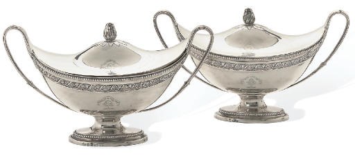 A PAIR OF GEORGE III NEO-CLASSICAL SILVER COVERED SAUCE TUREENS