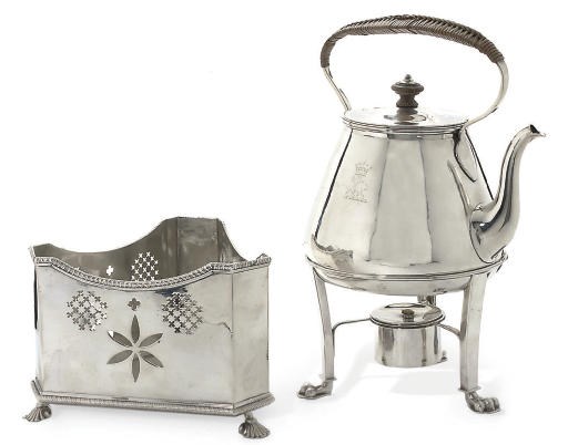 A GEORGE III SILVER TEA KETTLE AND STAND WITH ASSOCIATED TRIANGULAR WIND-SHIELD