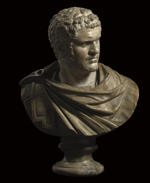 AN ITALIAN WHITE AND VARIEGATED MARBLE BUST OF CARACALLA