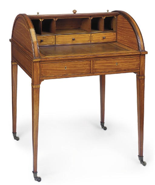 A GEORGE III SATINWOOD CYLINDER BUREAU