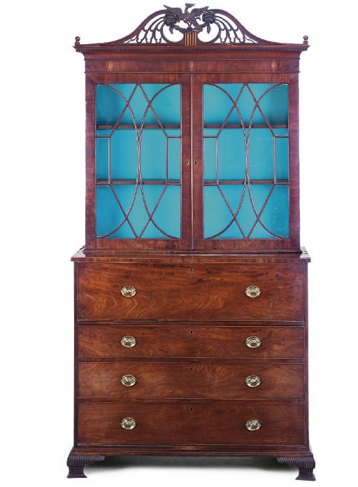 A GEORGE III MAHOGANY AND MARQUETRY SECRETAIRE BOOKCASE