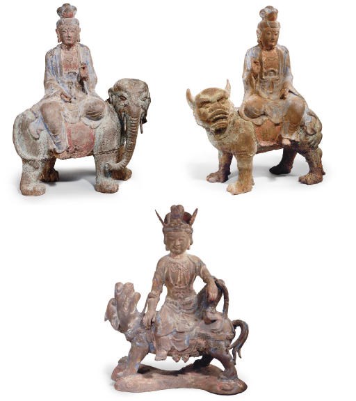 A SET OF THREE PAINTED CAST IRON SCULPTURES OF AVALOKITESVARA, SAMANTABHADRA AND MANJUSRI