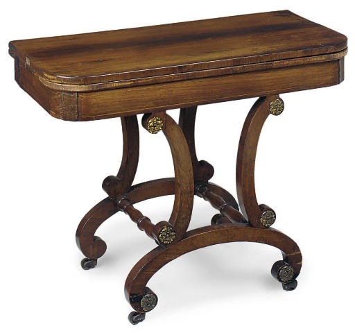 A REGENCY ROSEWOOD D-SHAPED CARD TABLE
