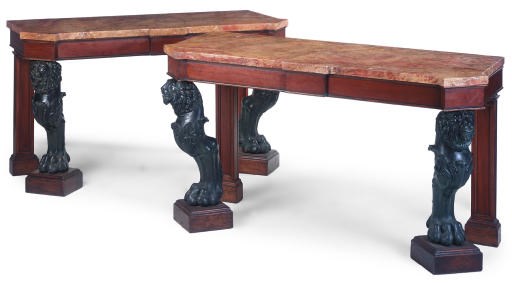 A PAIR OF MAHOGANY AND PATINATED BRONZE CONSOLE TABLES