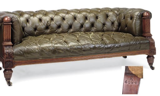 A SCOTTISH LATE VICTORIAN WALNUT AND GREEN LEATHER UPHOLSTERED CHESTERFIELD SOFA