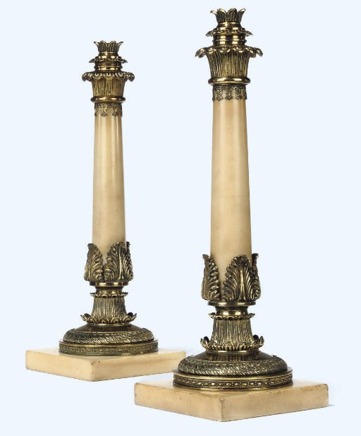A PAIR OF WILLIAM IV LACQUERED BRASS AND MARBLE TABLE LAMPS