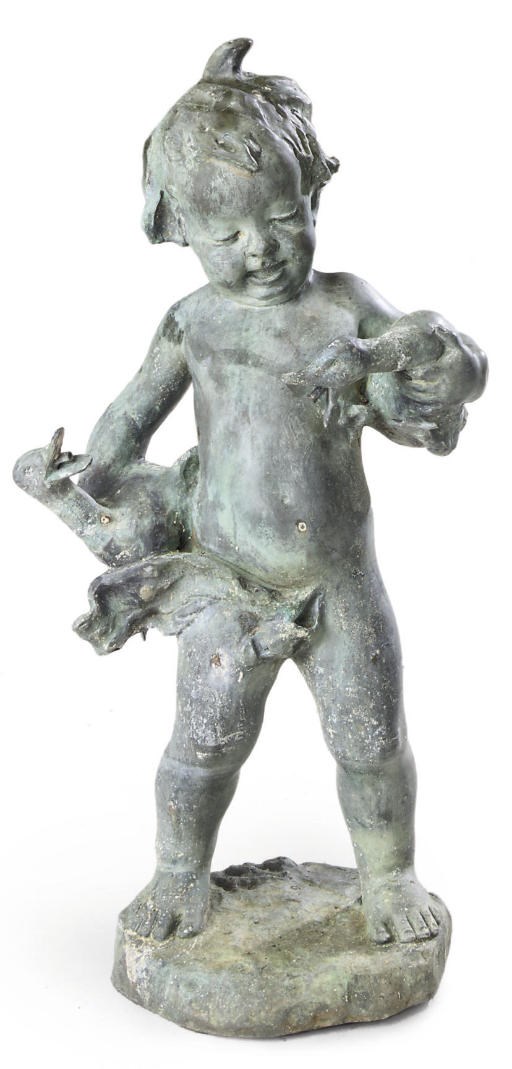 A BRONZE FOUNTAIN FIGURE BOY WITH BIRDS