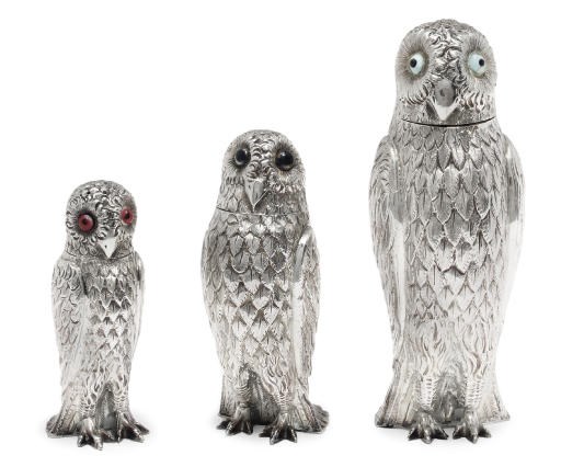 A GRADUATED SET OF THREE VICTORIAN SILVER OWL CONDIMENTS