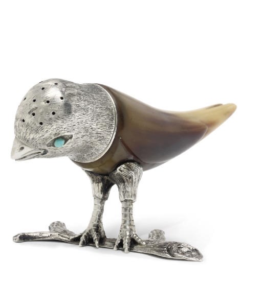 A VICTORIAN NOVELTY SILVER-MOUNTED HORN PEPPER IN THE FORM OF A BIRD PERCHED ON A BRANCH