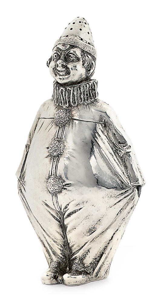 A CONTINENTAL SILVER NOVELTY PEPPER IN THE FORM OF A CLOWN