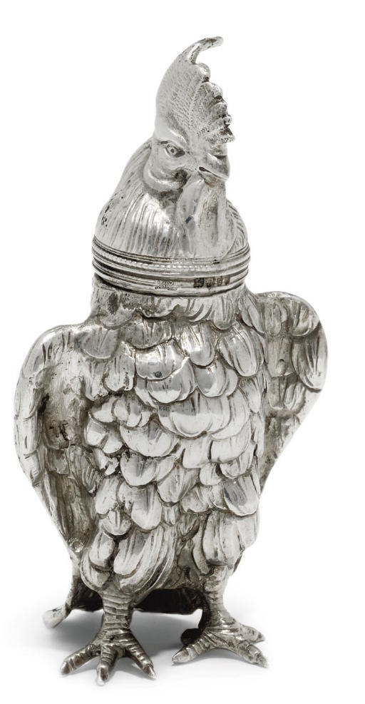 A GERMAN SILVER NOVELTY PEPPER IN THE FORM OF A COCKEREL
