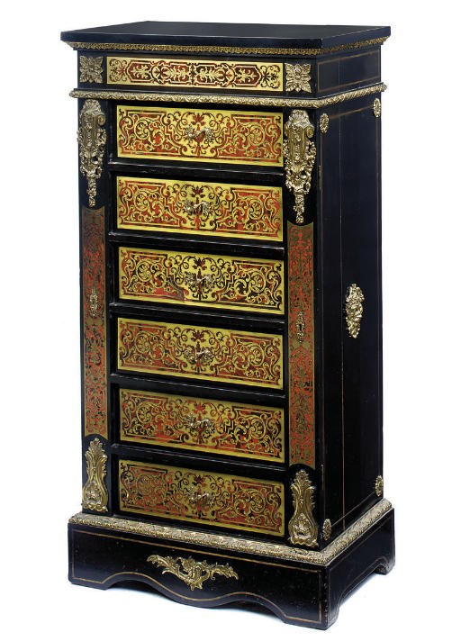A LATE VICTORIAN GILT-METAL MOUNTED EBONISED SIMULATED TORTOISESHELL AND BRASS INLAID CHEST