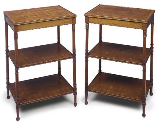 A PAIR OF LATE VICTORIAN SATINWOOD AND PARQUETRY ETAGERES