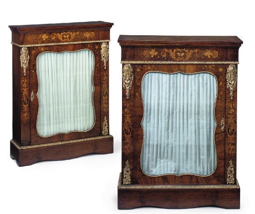A PAIR OF VICTORIAN GILT-METAL MOUNTED WALNUT AND MARQUETRY PIER CABINETS