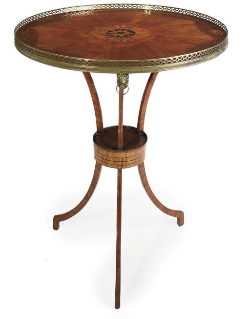 A DUTCH SATINWOOD MAHOGANY AND CHEQUER STRUNG CIRCULAR TEA-TABLE