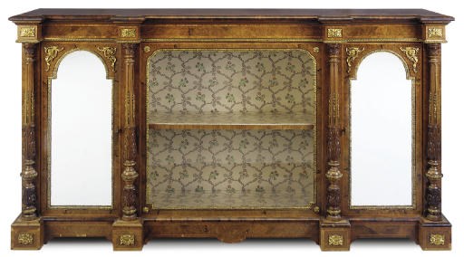 A VICTORIAN GILT-METAL MOUNTED BURR WALNUT AND TULIPWOOD CROSSBANDED SIDE CABINET