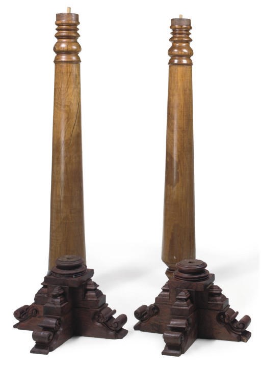 TWO PAIRS OF INDIAN SOLID SATINWOOD COLUMNS