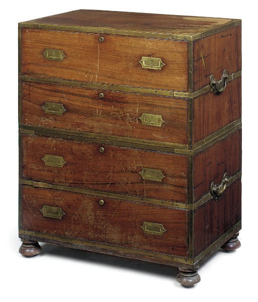 AN ANGLO-INDIAN BRASS MOUNTED ROSEWOOD AND CAMPHOR WOOD MILITARY CHEST