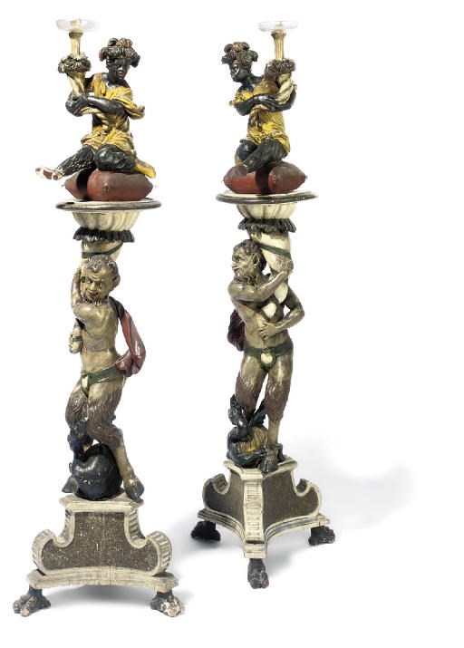 A PAIR OF VENETIAN GILTWOOD AND POLYCHROME BLACKAMOOR TORCHERES
