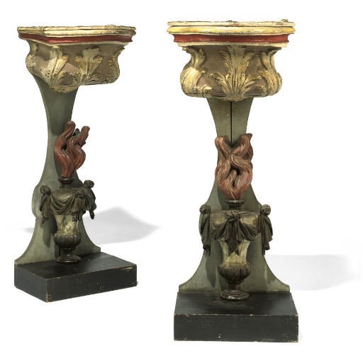 A PAIR OF ITALIAN PARCEL-GILT AND POLYCHROME DECORATED TORCHERES