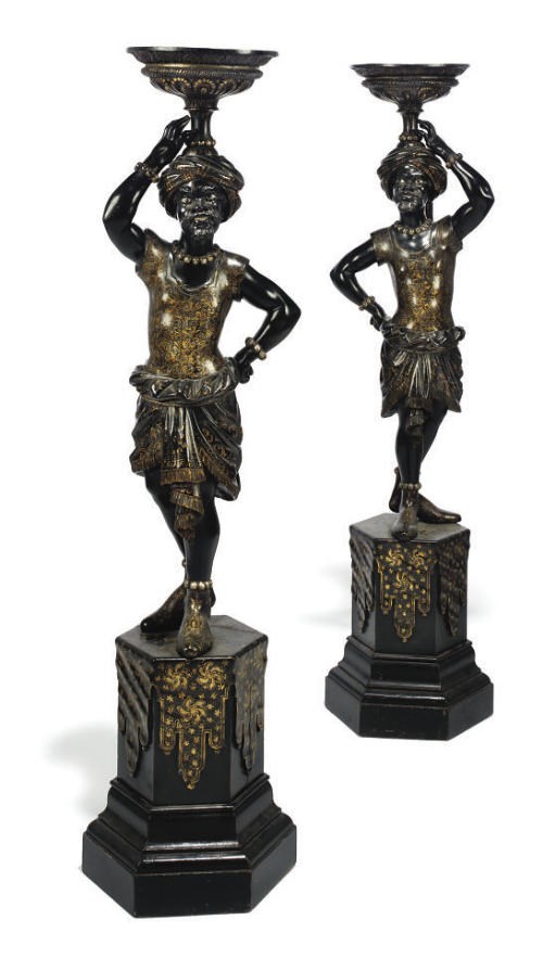 A PAIR OF ITALIAN EBONISED AND PARCEL-GILT BLACKAMOORS