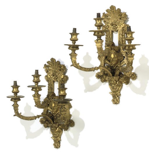 A PAIR OF FRENCH GILT-BRONZE THREE-LIGHT WALL APPLIQUES