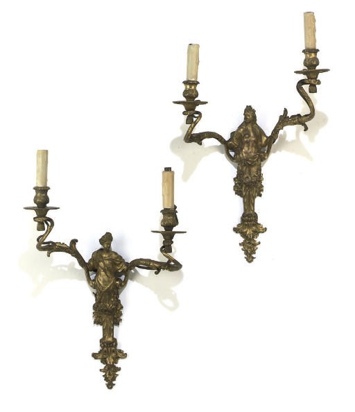 A PAIR OF CONTINENTAL GILT-BRONZE TWIN-LIGHT WALL APPLIQUES